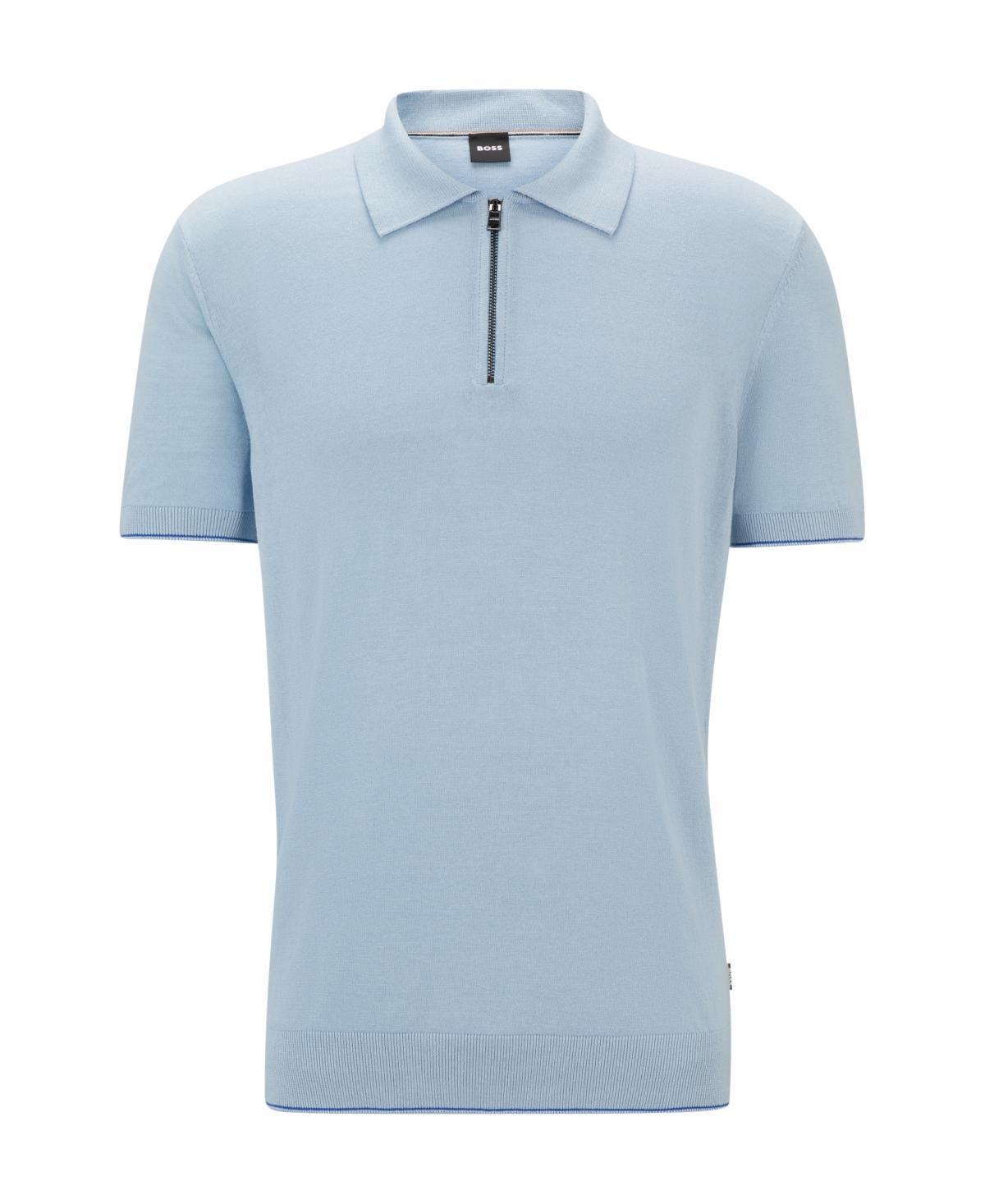 HUGO BOSS Zip-neck Polo Sweater In A Linen Blend In Light Blue Product Image