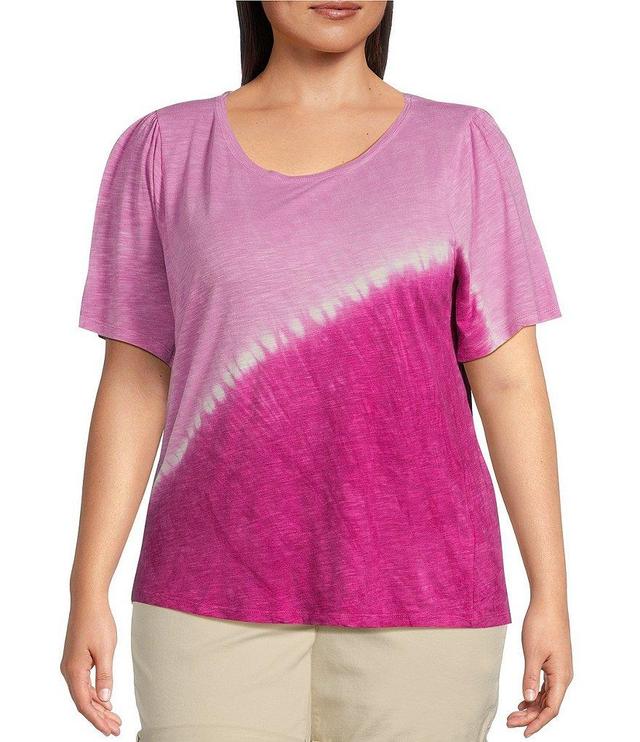 Democracy Plus Size Placement Tie Dye Print Slub Knit Jersey Scoop Neck Short Bell Sleeve Tee Product Image