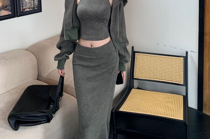 Halter Neck Plain Cami Top / Plain Crop Zip Hoodie / Mid Rise Plain Midi Pencil Skirt Product Image