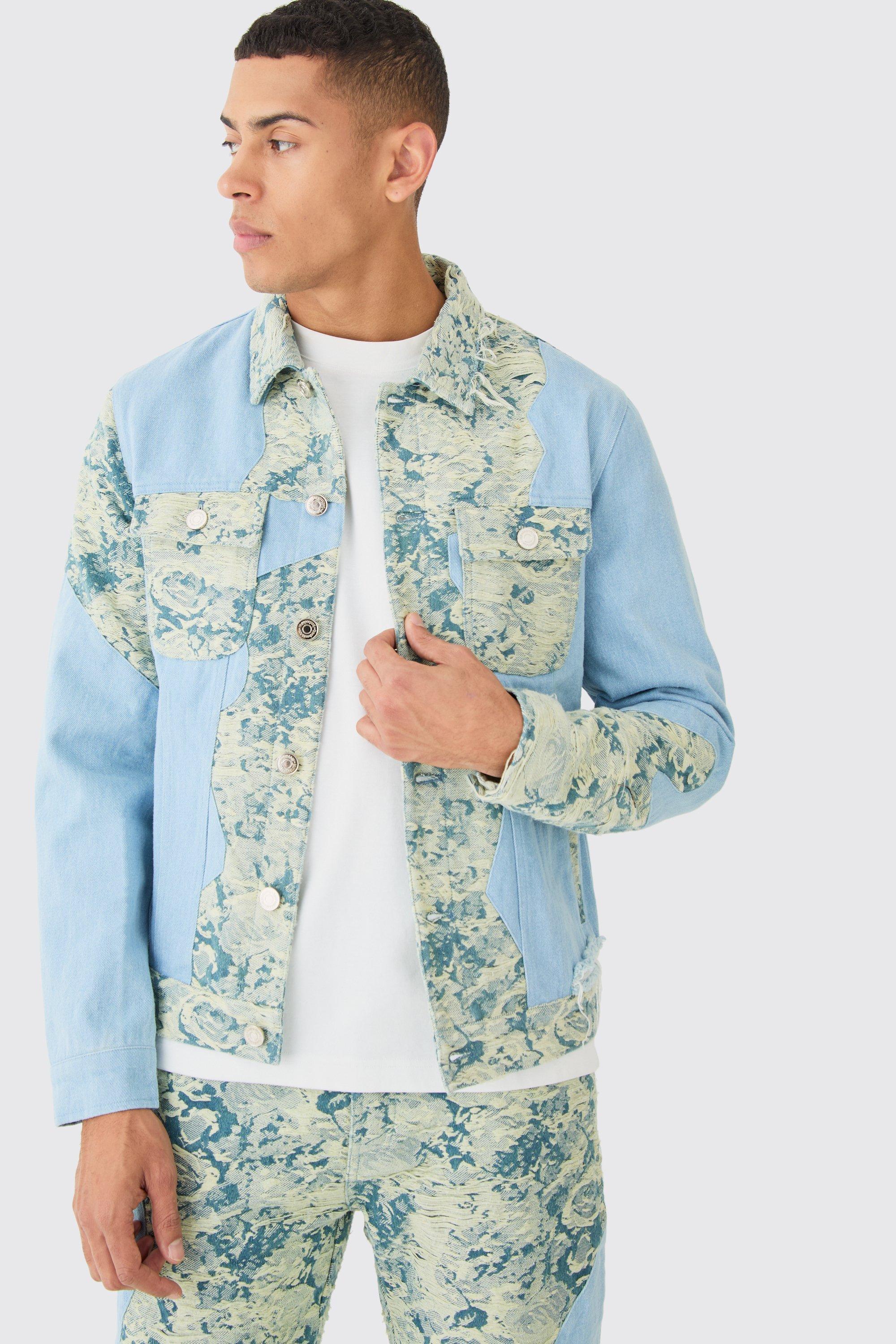 Spliced Fabric Interest Distressed Jean Jacket | boohooMAN USA Product Image