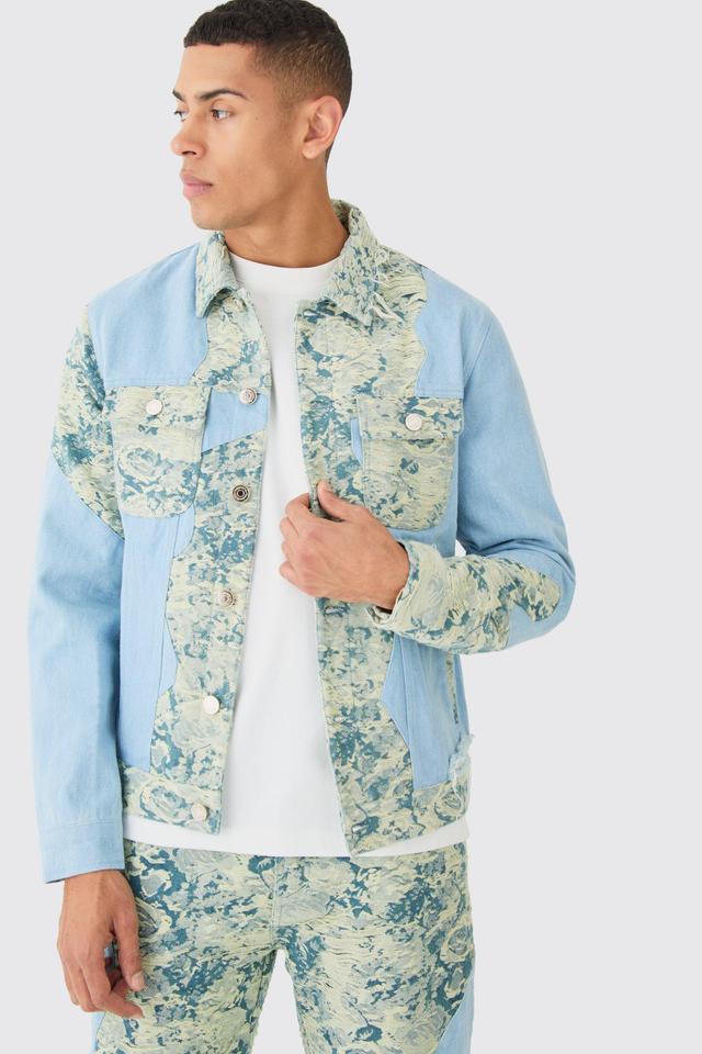 Spliced Fabric Interest Distressed Denim Jacket | boohooMAN USA Product Image