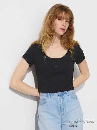 Womens Pointelle Henley Neck T-Shirt Black XL UNIQLO US Product Image