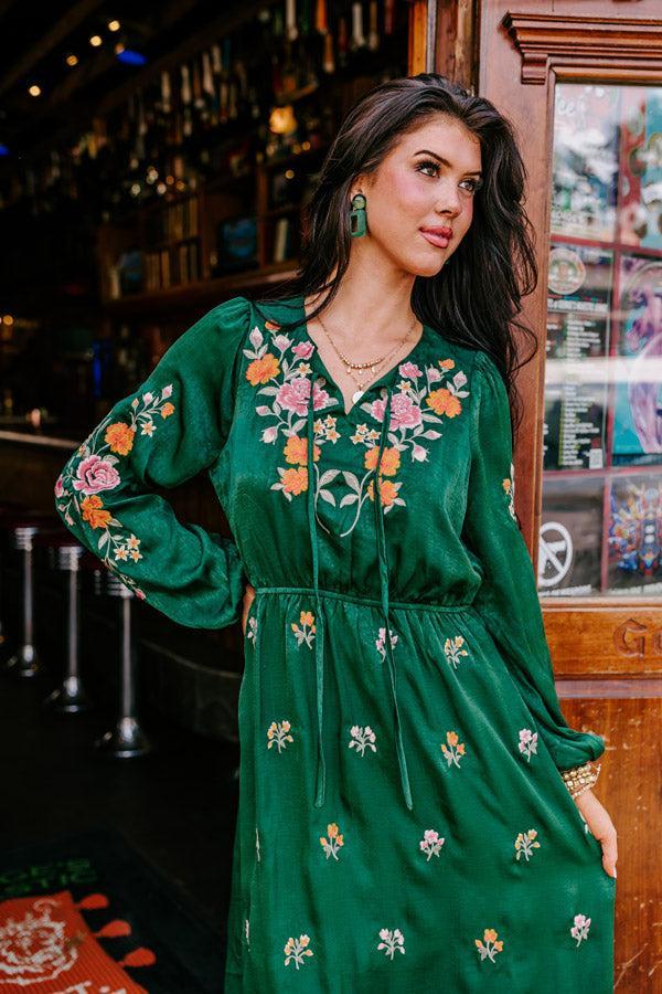 Whispering Sweet Nothings Embroidered Maxi In Hunter Green Product Image