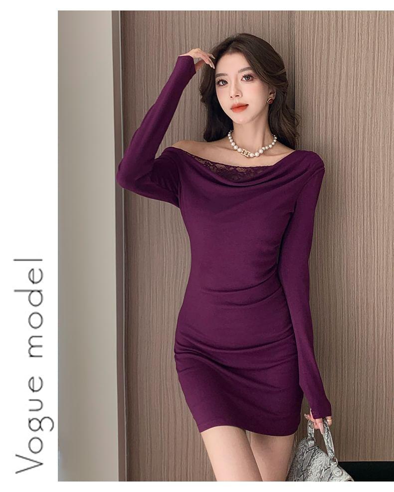 One Shoulder Long Sleeve Plain Lace Trim Bodycon Mini Dress Product Image