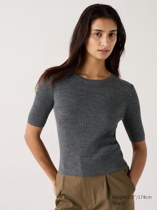 Womens Merino Ribbed Crew Neck Half Sleeve Sweater Gray 2XS UNIQLO US Product Image