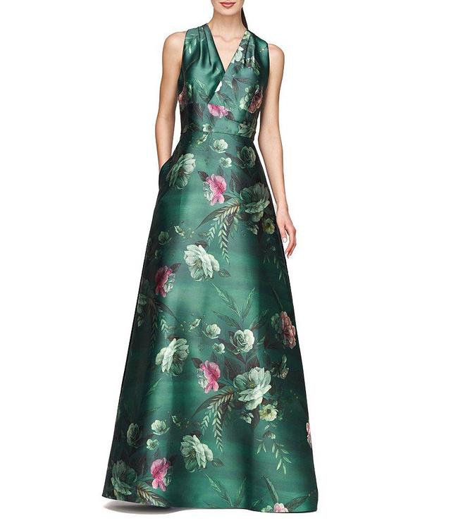 Kay Unger Floral Print Mikado V-Neck Sleeveless Side Pocket Gown Product Image