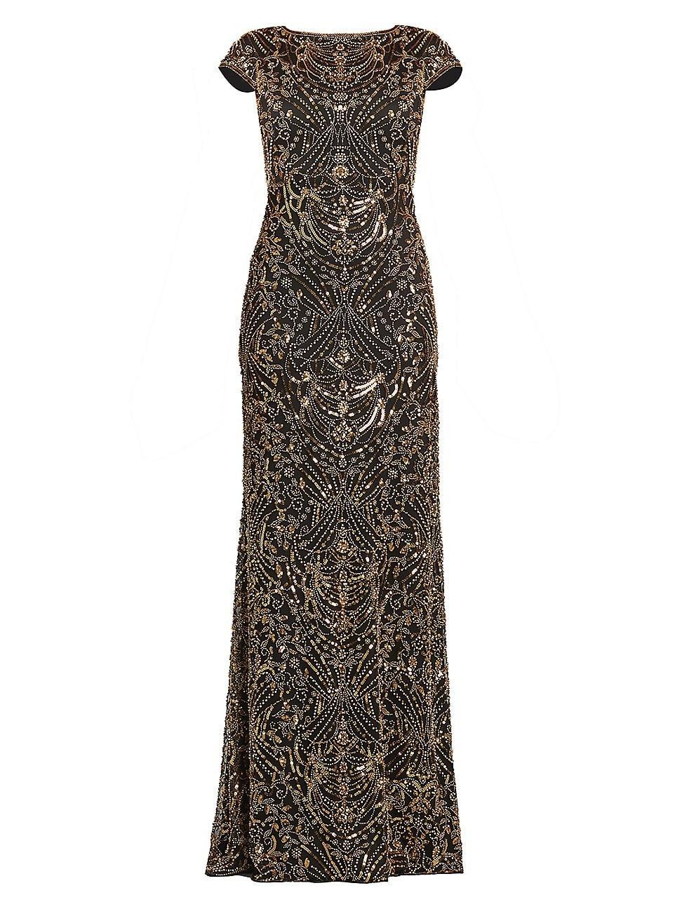 Womens Sequin & Bead Cap-Sleeve Gown product image