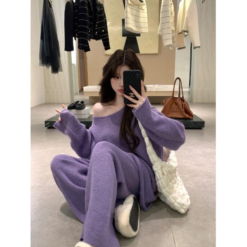 Off-Shoulder Plain Oversized Sweater / High Rise Knit Wide Leg Pants Product Image