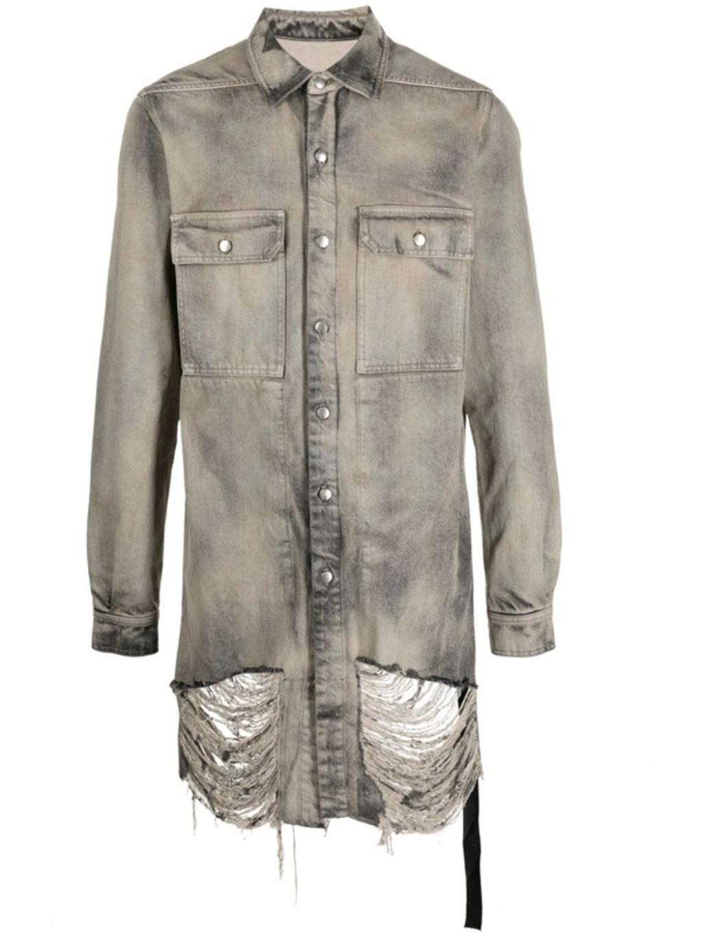 RICK OWENS Frayed Denim Overshirt In Grey Product Image