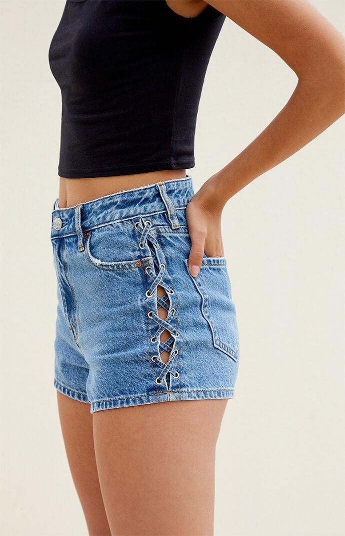 Women's Lace-Up High Waisted Denim Festival Shorts - Product Image