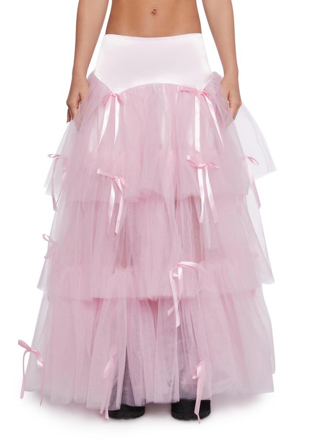 Layered Ruffled Tulle Satin Ribbon Maxi Skirt Sugar Thrillz - Pink Product Image