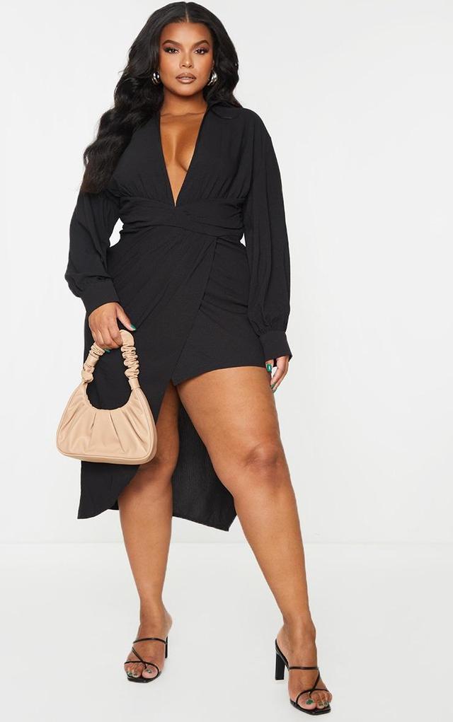 Plus Black Plunge Wrap Textured Dress Product Image