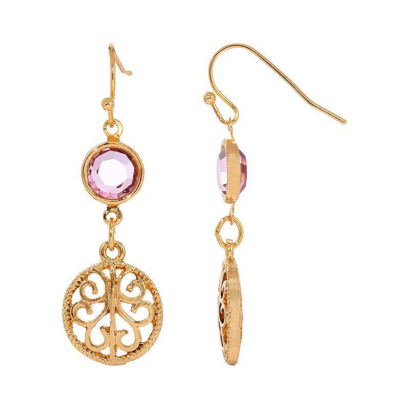 1928 Gold Tone Light Purple Crystal Filigree Drop Earrings, Womens Product Image