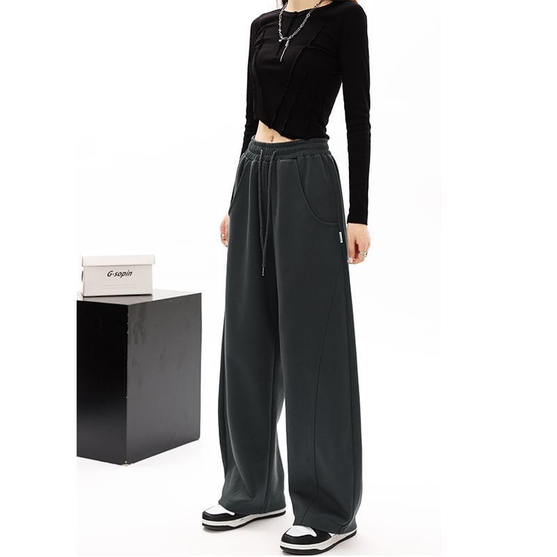 Mid-Waist Drawstring Pocketed Wide-Leg Plain Sweatpants Product Image