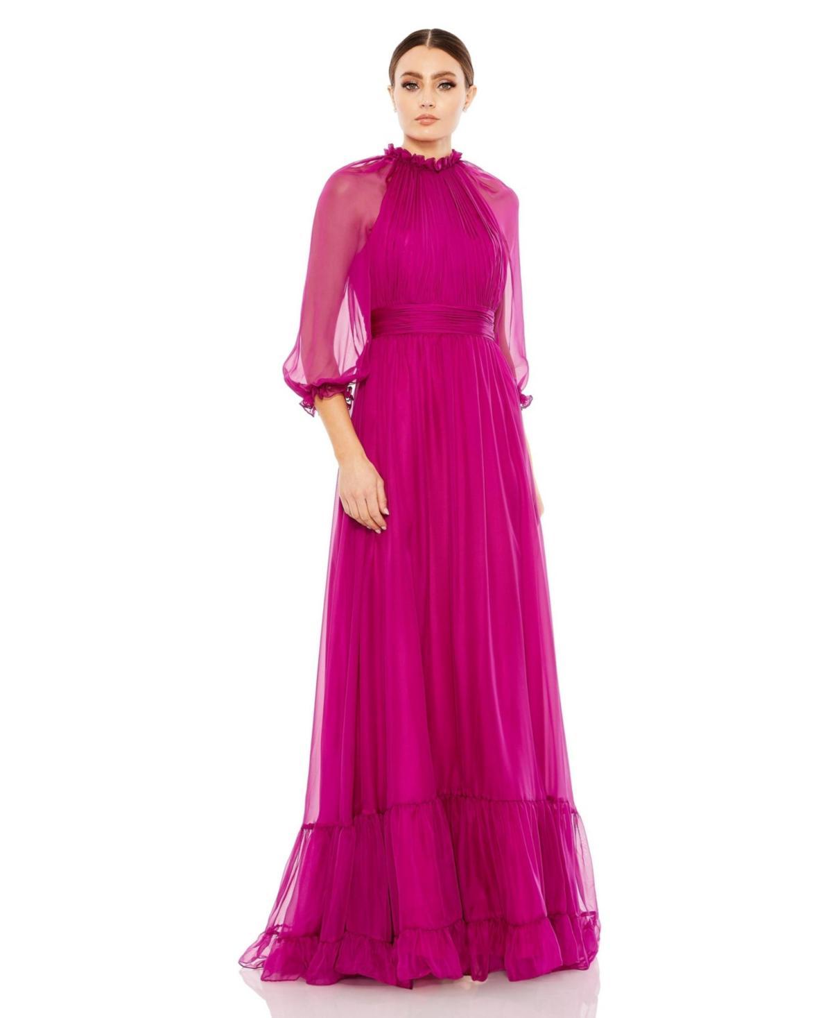 Mac Duggal Womens Chiffon Ruched Illusion Raglan Sleeve Ruffled Gown Product Image