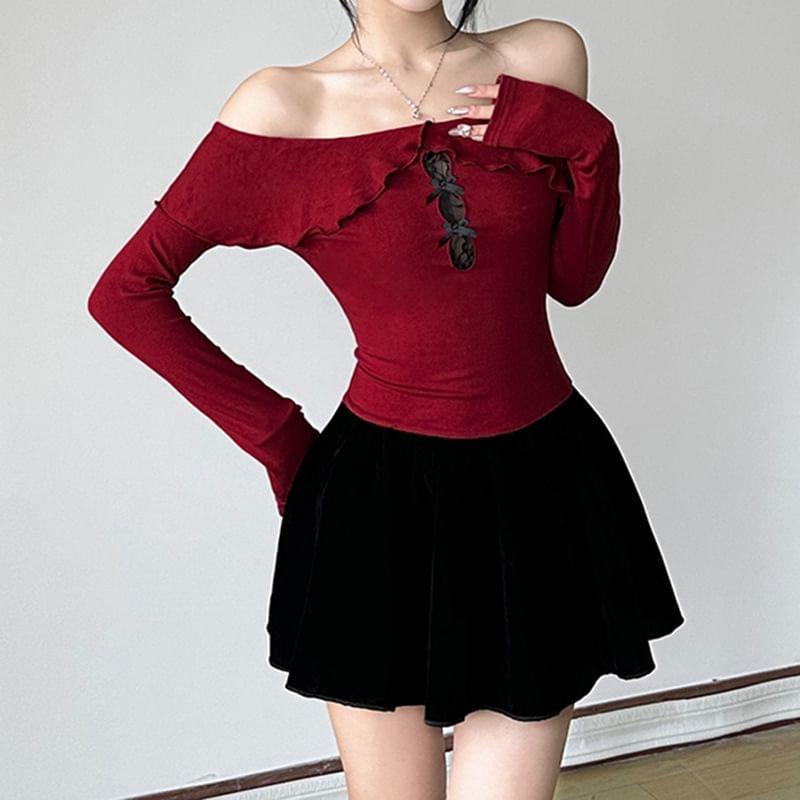 Long Sleeve Off-Shoulder Ruffled-Trim Bow Accent Velvet Panel Color-Block Mini Dress Product Image