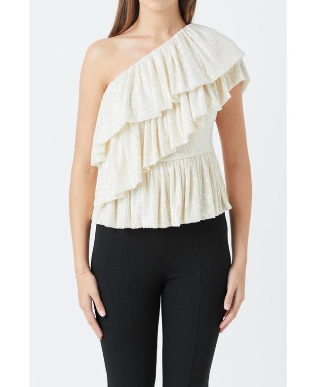 Womens Sequins One Shoulder Ruffle Top Product Image