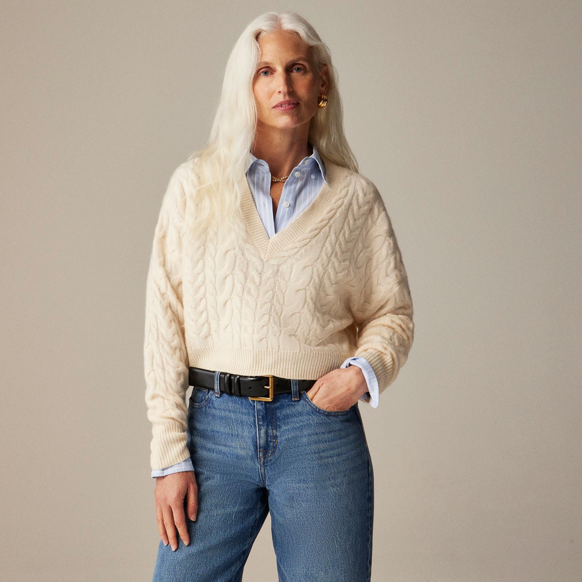 Cashmere cropped cable-knit V-neck sweater Product Image