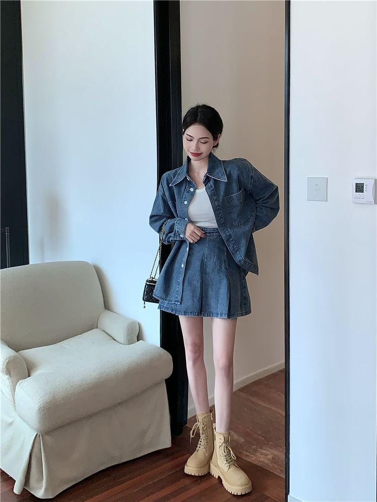 Long Sleeve Collared Washed Denim Shirt / High Waist Pleated Mini A-Line Skirt Product Image