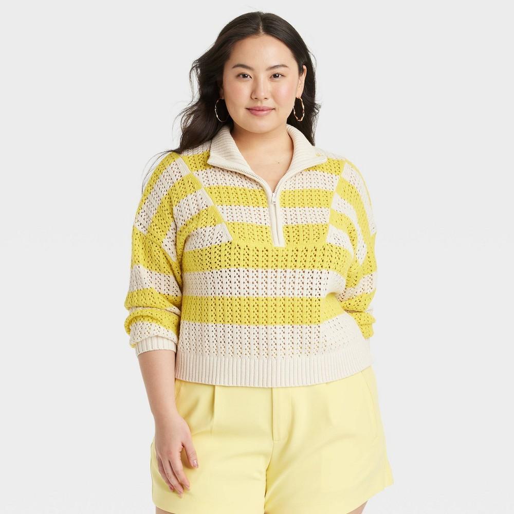 Womens Quarter Zip Mock Turtleneck Pullover Sweater - A New Day Yellow/White Striped 3X Product Image