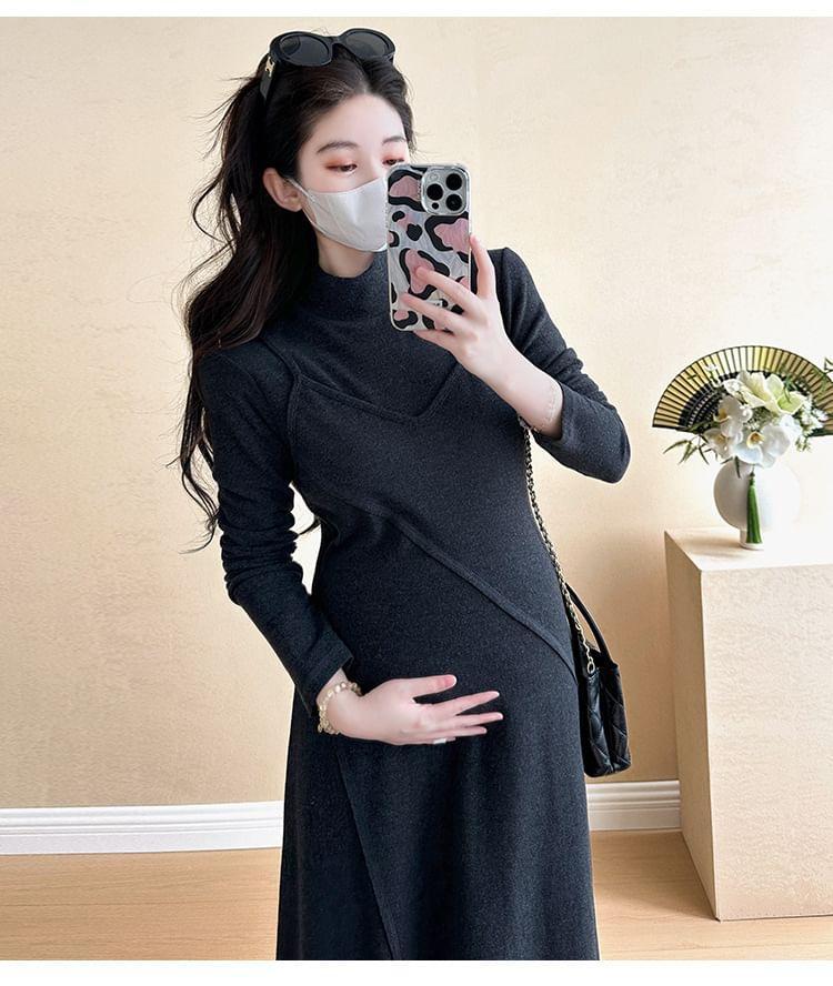 Maternity Long-Sleeve Turtleneck Mock Two-Piece Plain Maxi A-Line Knit Dress Product Image