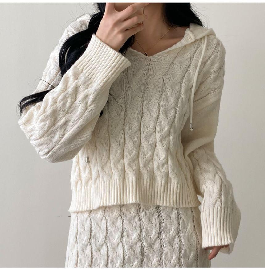 Set: Long-Sleeve Hooded Plain Cable Knit Sweater + High Rise Mini Knit Skirt Product Image