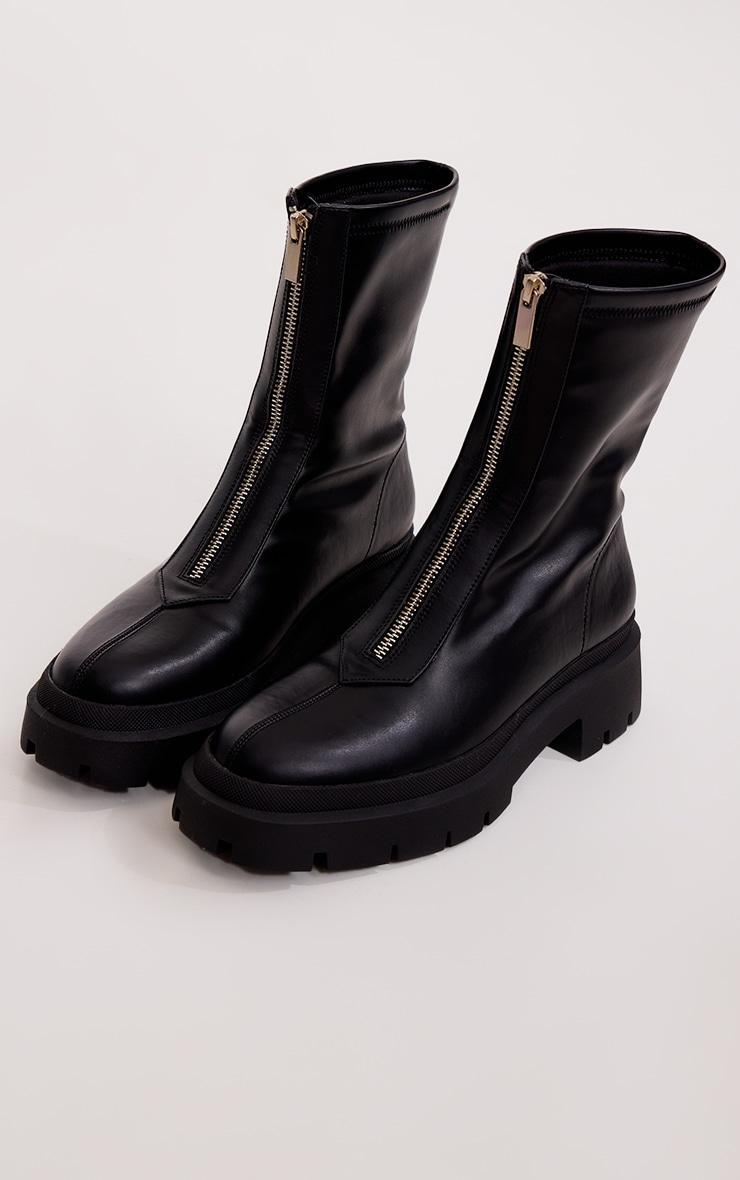 Black Faux Leather Round Toe Chunky Ankle Zip Sock Boots Product Image