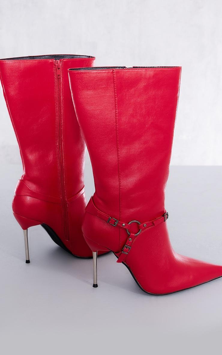 Red Faux Leather Point Toe Buckle Strap Heeled Ankle Boots Product Image