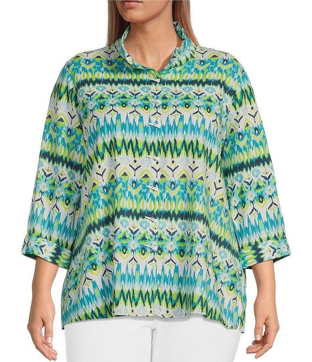 Ali Miles Plus Size Printed Woven Point Collar Neck 3/4 Sleeve Button Front Tunic Product Image