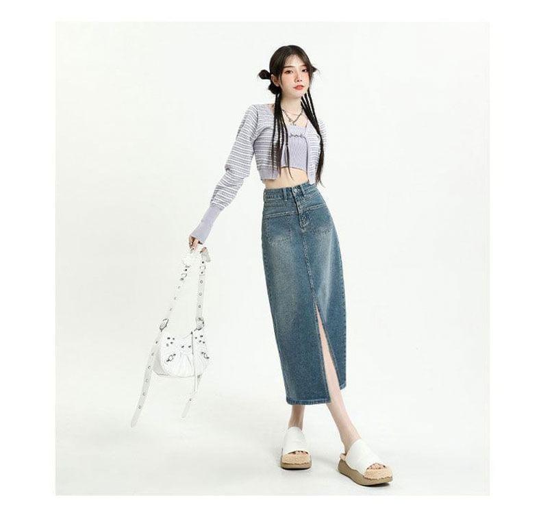 High Waist Front-Slit Denim Midi H-Line Skirt Product Image