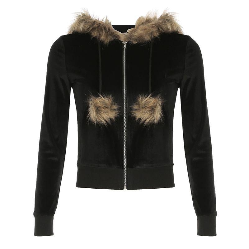 Long Sleeve Furry-Trim Velvet Zip-Up Hooded Jacket Product Image