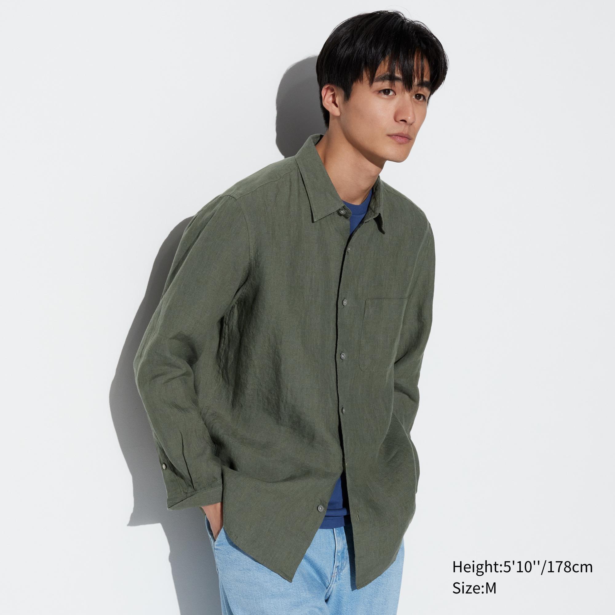 Mens Premium Linen Long-Sleeve Shirt Olive XS UNIQLO US Product Image