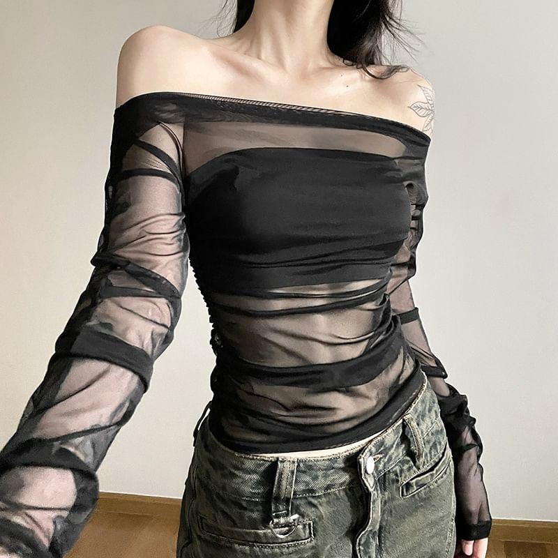 Set: Long-Sleeve Off-Shoulder Plain Mesh Slim Fit Top + Tube Top Product Image