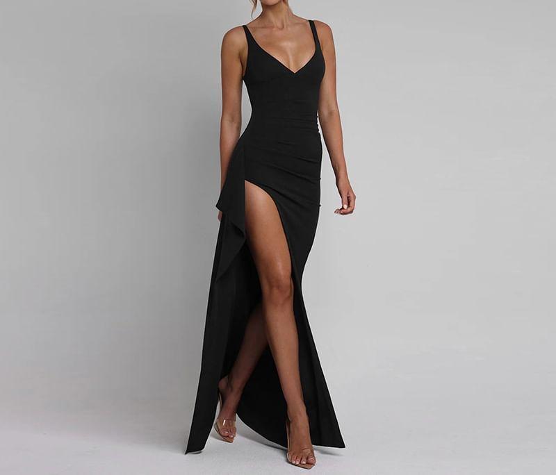 Spaghetti Strap V-Neck Plain Slit Bodycon Maxi Dress Product Image