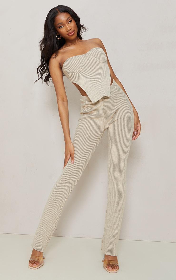 Tall Stone Contrast Knitted High Waisted Flared Pants Product Image