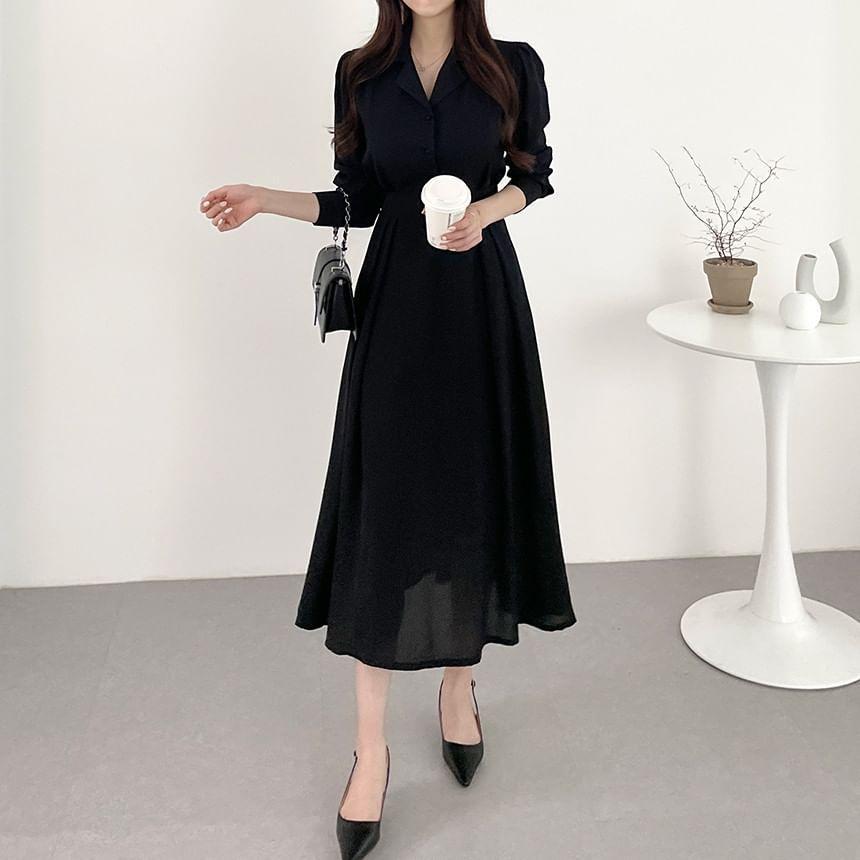 Long-Sleeve Plain Midi A-Line Shirt Dress Product Image