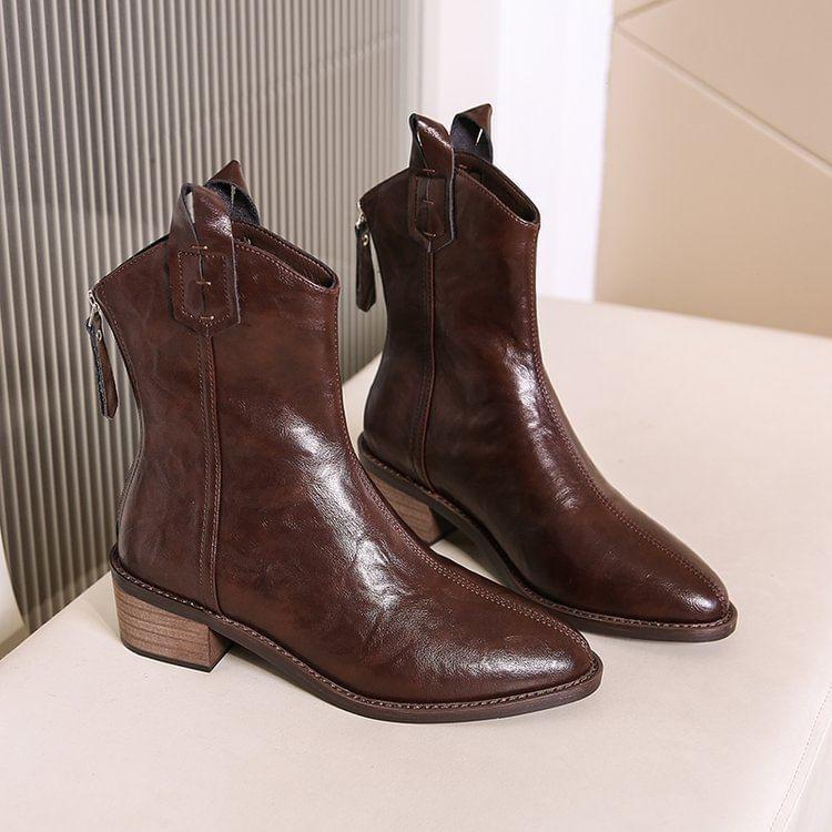 Block Heel Plain Zip Short Boots Product Image