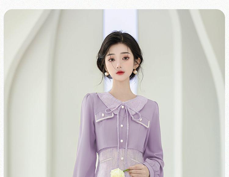 Long-Sleeve Collar Bow Midi A-Line Dress Product Image