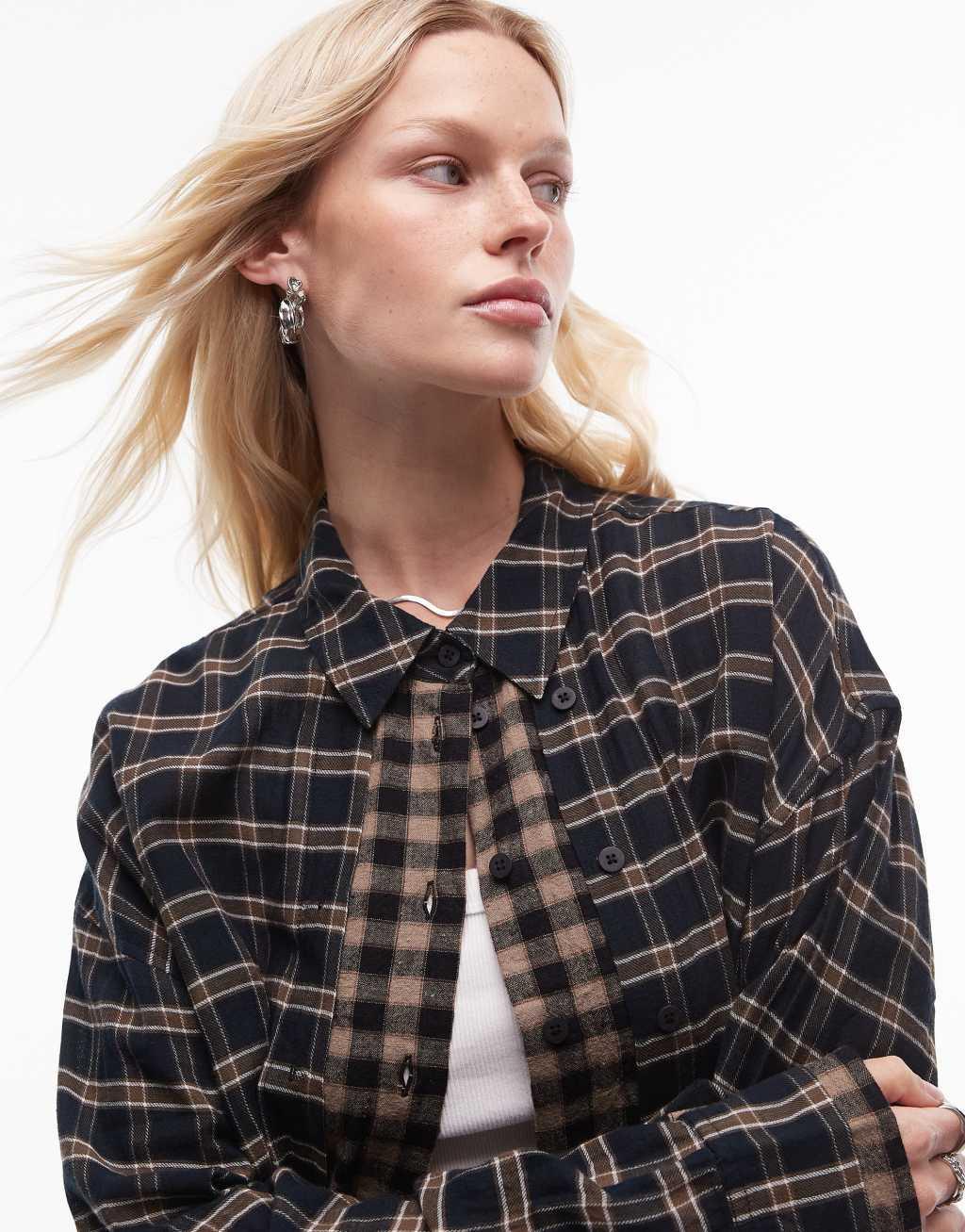 Topshop double layer oversized shirt in contrast check Product Image