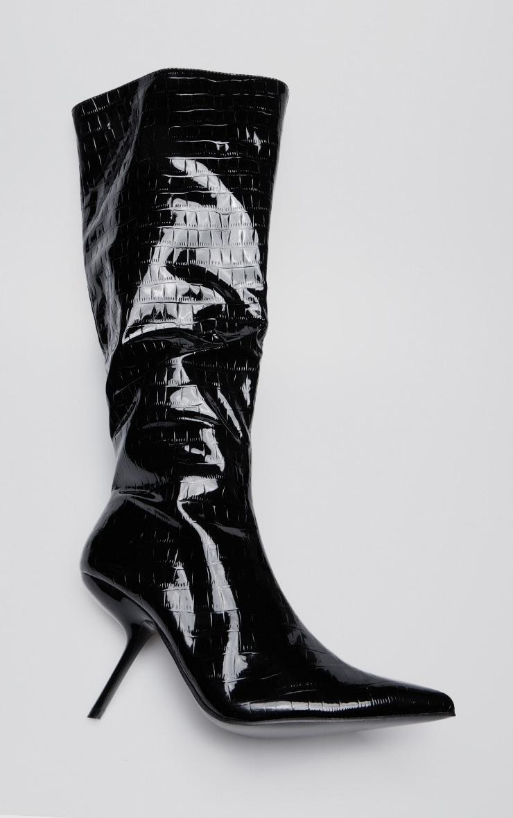 Black Pu Croc Point Toe Slanted Heel Knee High Boots Product Image