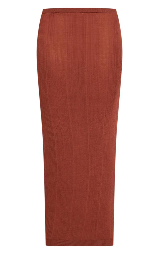 Chocolate Sheer Ribbed Knit Ruched Side Maxi Skirt Product Image