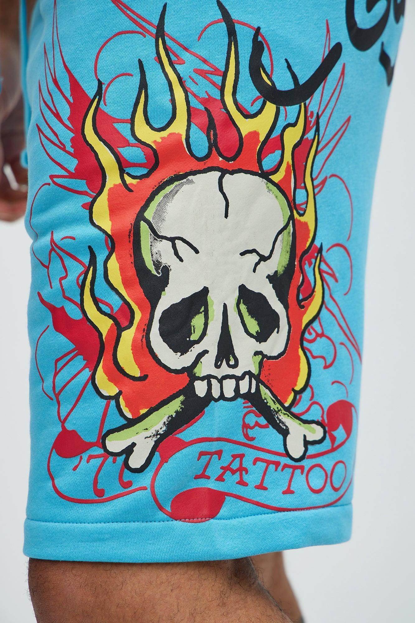 Ed Hardy Flame Skull Sweat Shorts - Blue Product Image