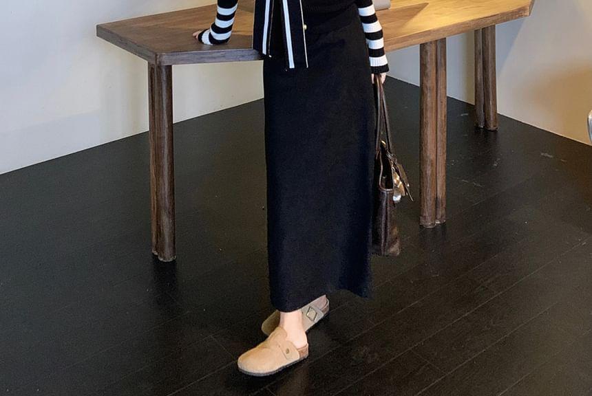 Long-Sleeve Sailor Collar Striped Tie Front Knit Top / High Rise Plain Slit Maxi A-Line Skirt Product Image