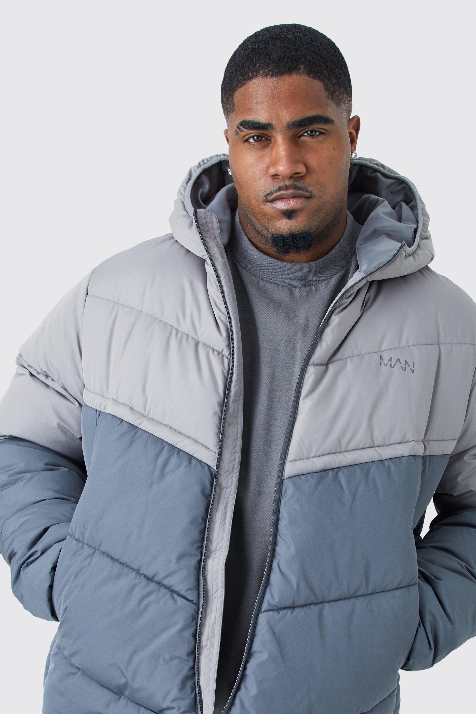 Mens Grey Plus Man Colour Block Quilted Puffer With Hood, Grey Product Image