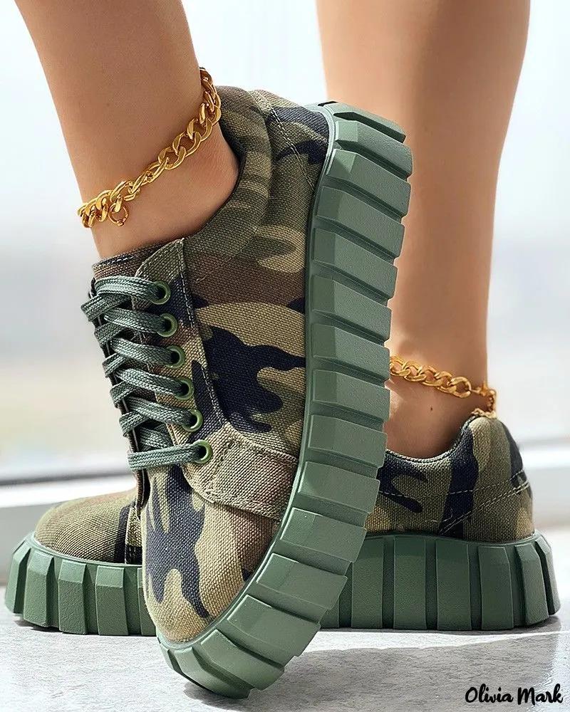 Olivia Mark – Camouflage Print Canvas Platform Lace-up Sneakers Product Image