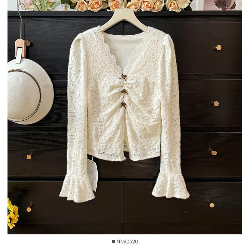 Bell-Sleeve V-Neck Lace Blouse Product Image