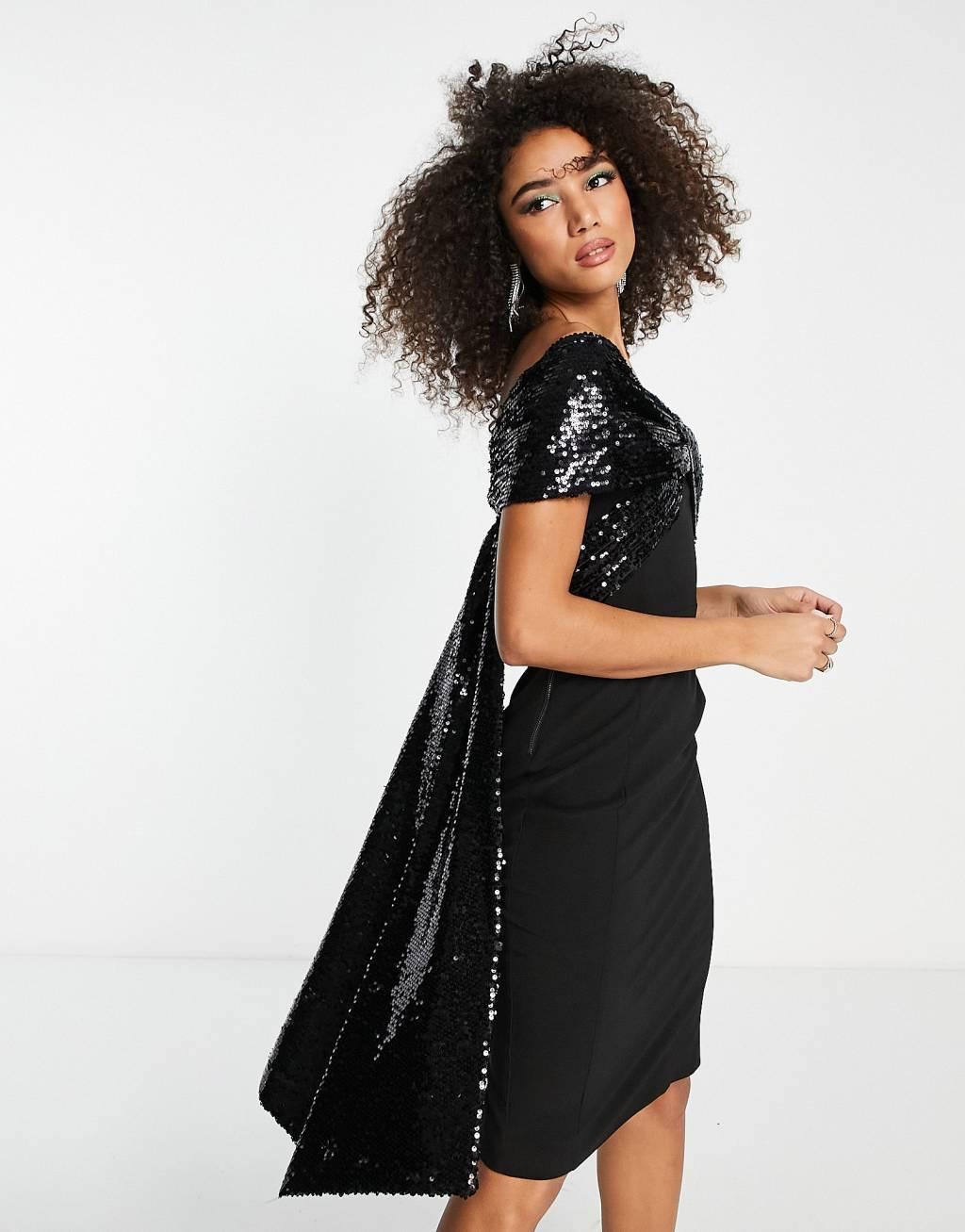 Lavish Alice statement sequin bow midi dress in black Product Image