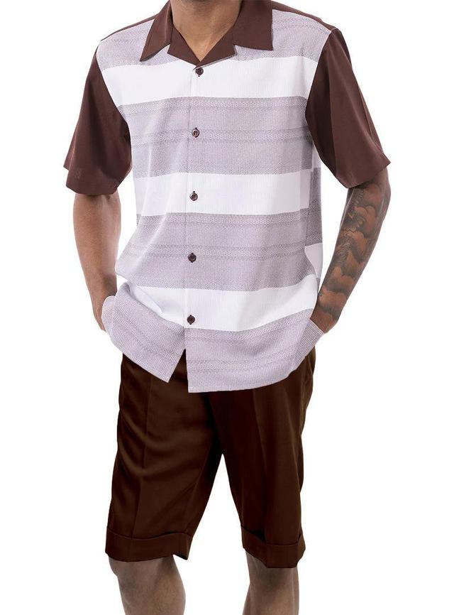 Brown Horizontal Stripes 2 Piece Walking Suit Set with Shorts Product Image