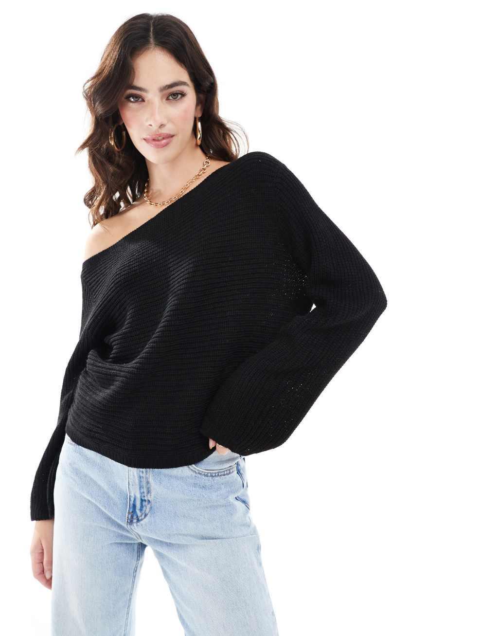 ASOS DESIGN knit slouchy one-shoulder sweater in red Product Image