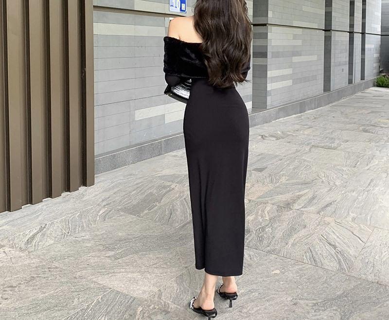 Long-Sleeve Off Shoulder Plain Maxi Sheath Dress Product Image